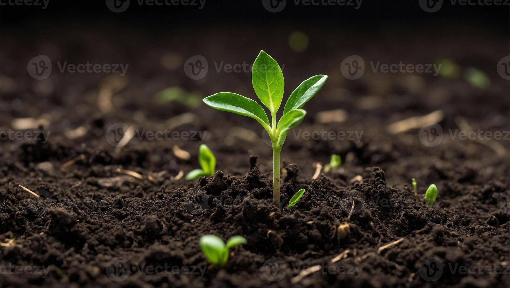 AI generated Small green sprout growing in soil surrounded by leaves, symbolizing new life and growth in nature photo