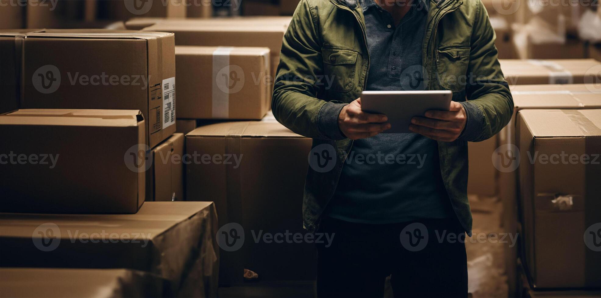 AI generated A person checking many ready-to-send package boxes using his tablet. Small business activity concept photo