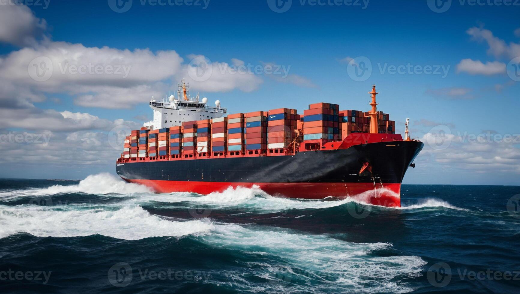 AI generated Cargo ship sailing in the ocean with blue sky in the background photo