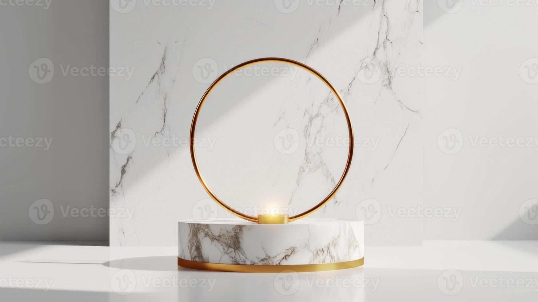AI generated Elegant marble stand with gold ring. Copy space. photo