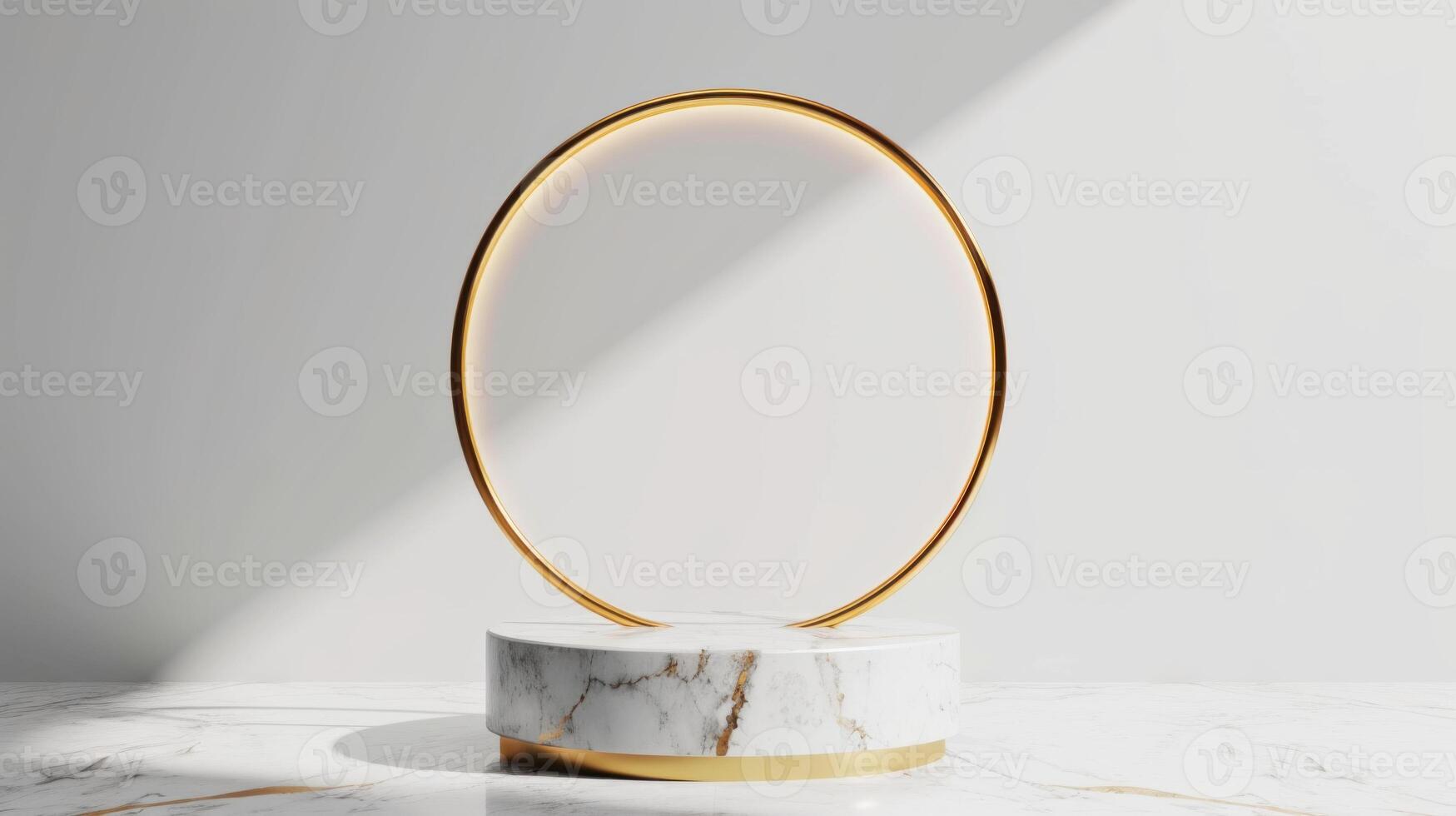 AI generated Elegant marble stand with gold ring. Copy space. photo
