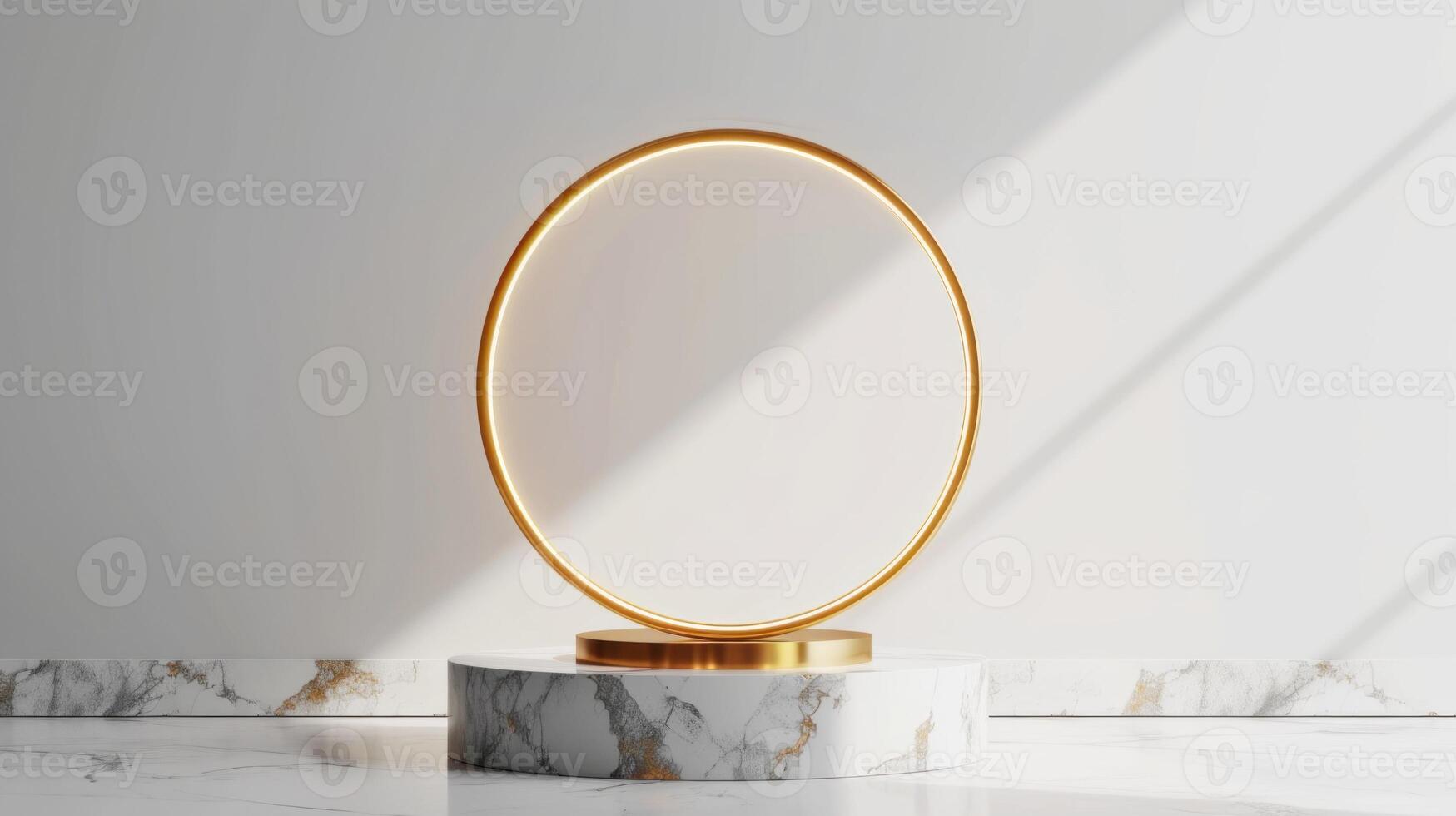 AI generated Elegant marble stand with gold ring. Copy space. photo