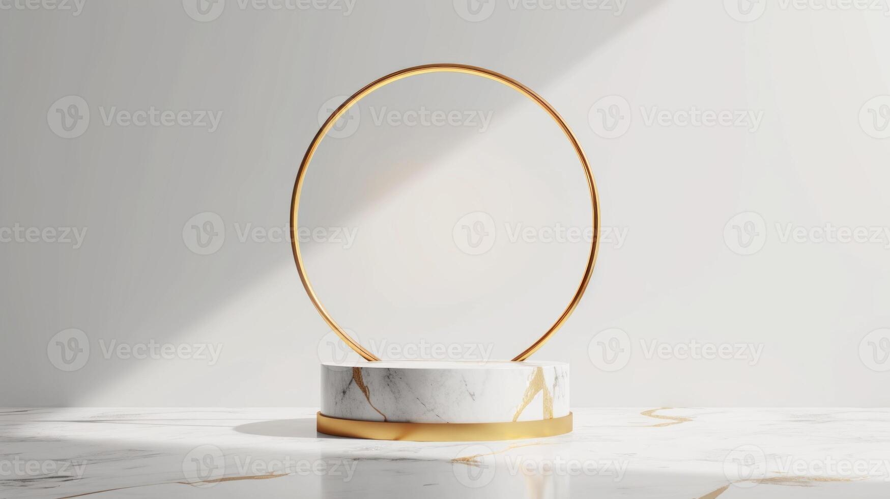 AI generated Elegant marble stand with gold ring. Copy space. photo