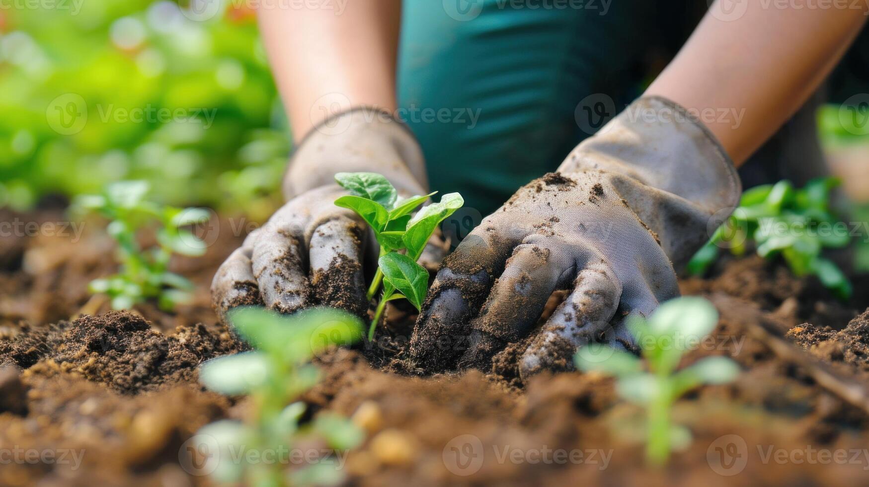 AI generated Gardening hands with sapling. Hand model. AI generated. photo