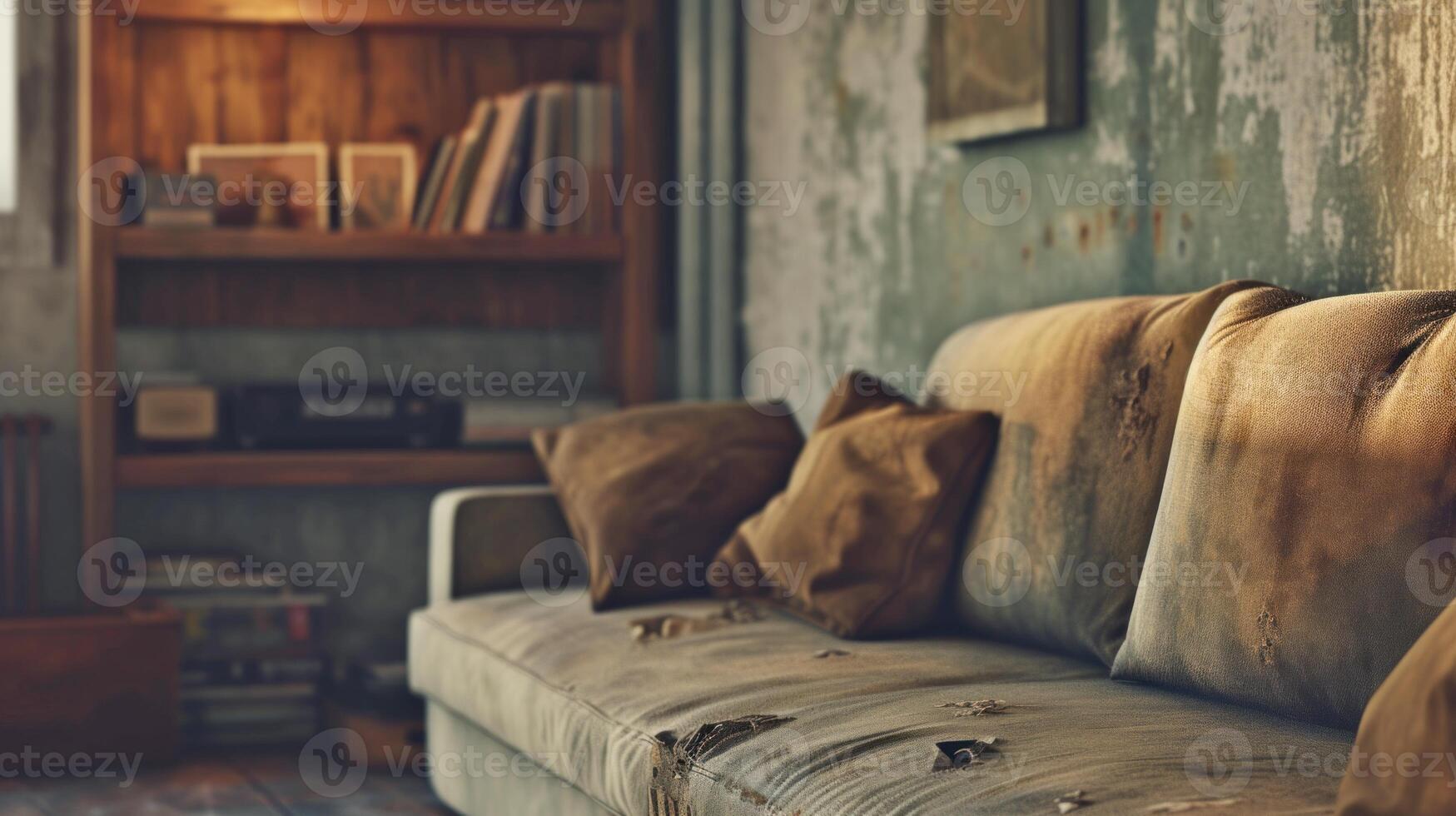 AI generated Vintage living room corner and aged sofa. AI generated. photo