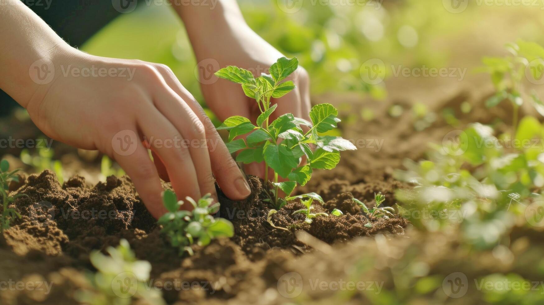AI generated Hands to plant seedlings. Copy space. AI generated. photo