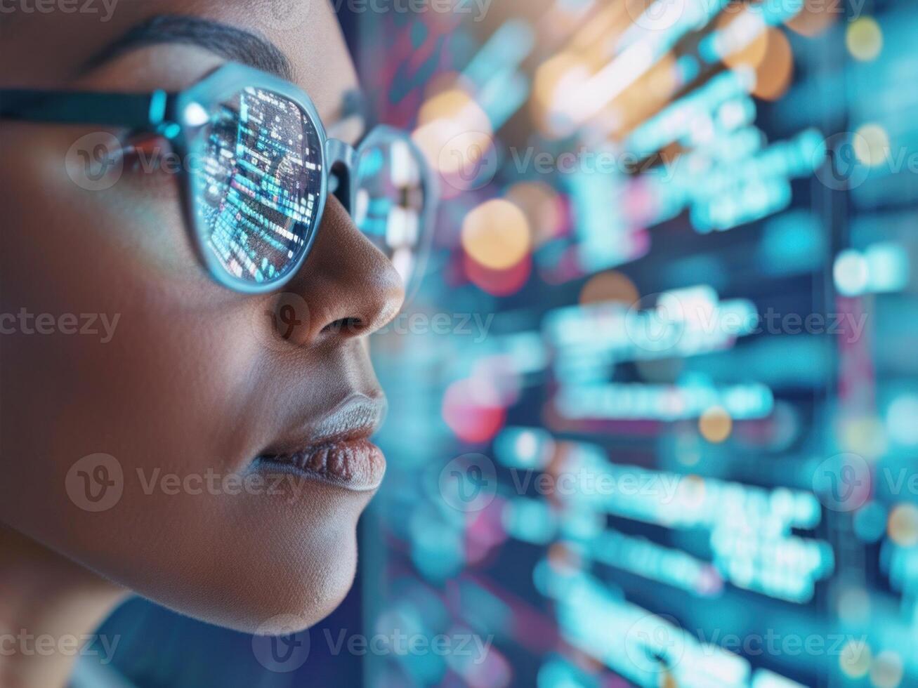 AI generated African American woman gazing at digital data. AI generated. photo