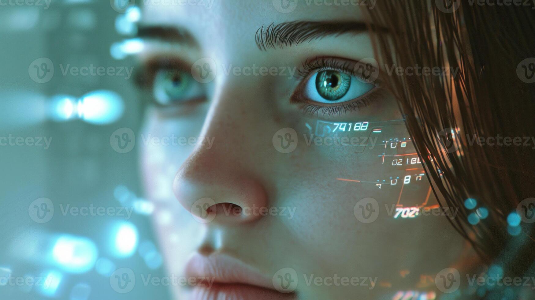 AI generated Portrait of a woman with futuristic interface. AI generated. photo