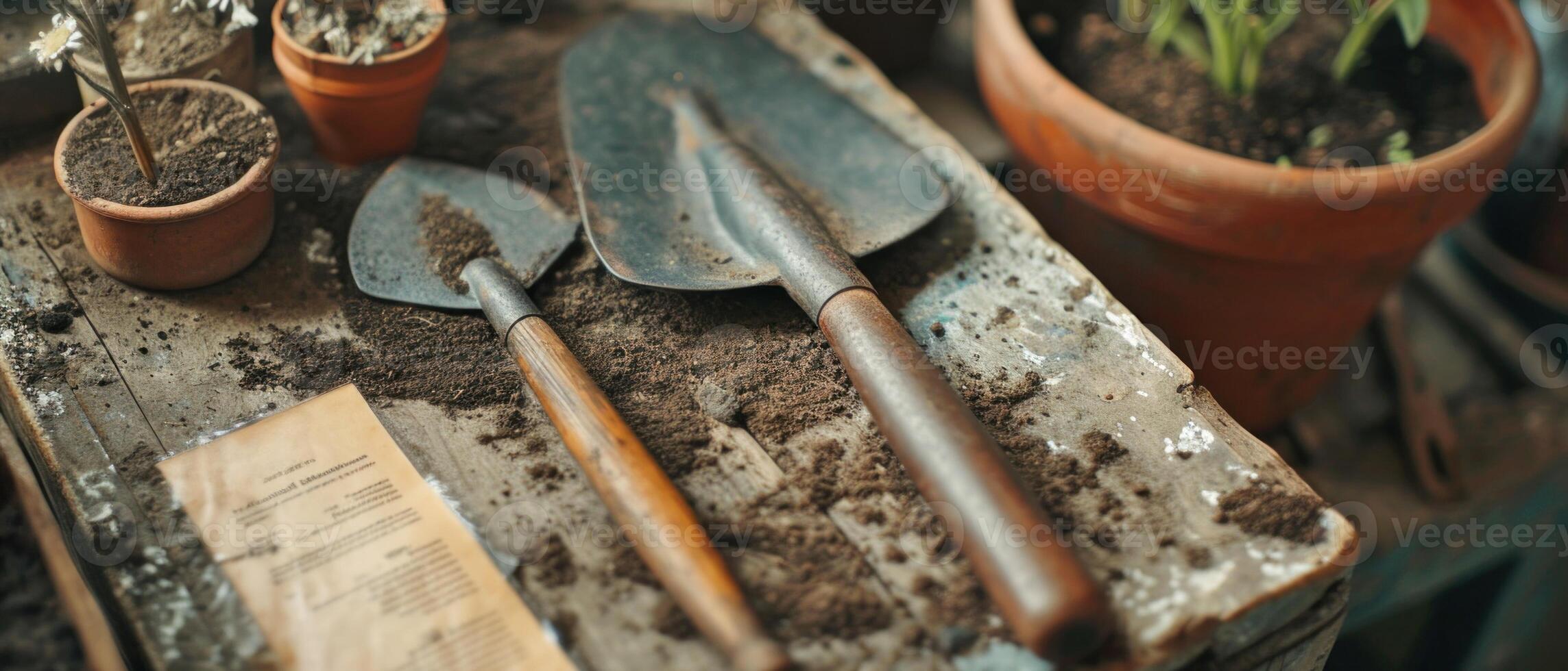 AI generated Still life of vintage gardening tools. AI generated. photo