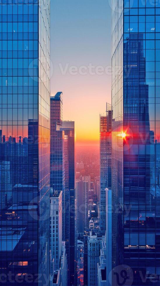 AI generated Sunset glow between skyscrapers. AI generated. photo