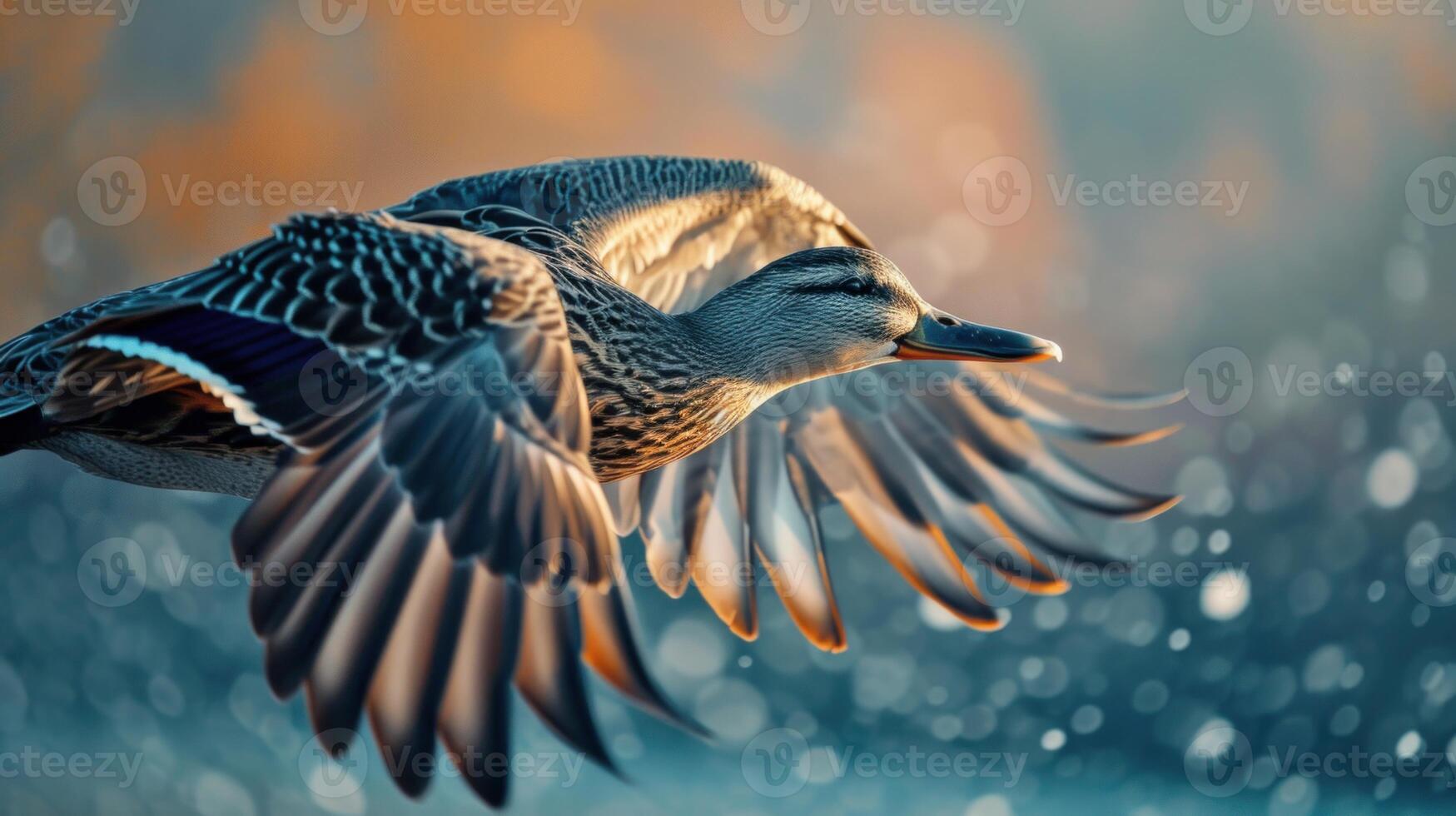 AI generated Wild duck in dynamic flight. AI generated. photo