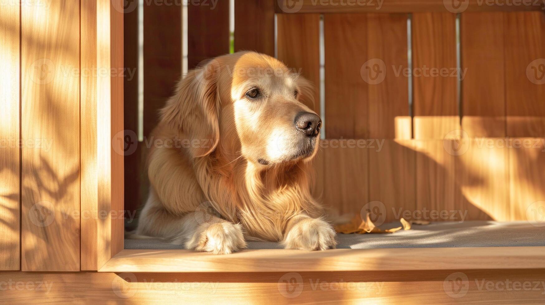 AI generated Warm sunshine on resting Golden Retriever. AI generated. photo