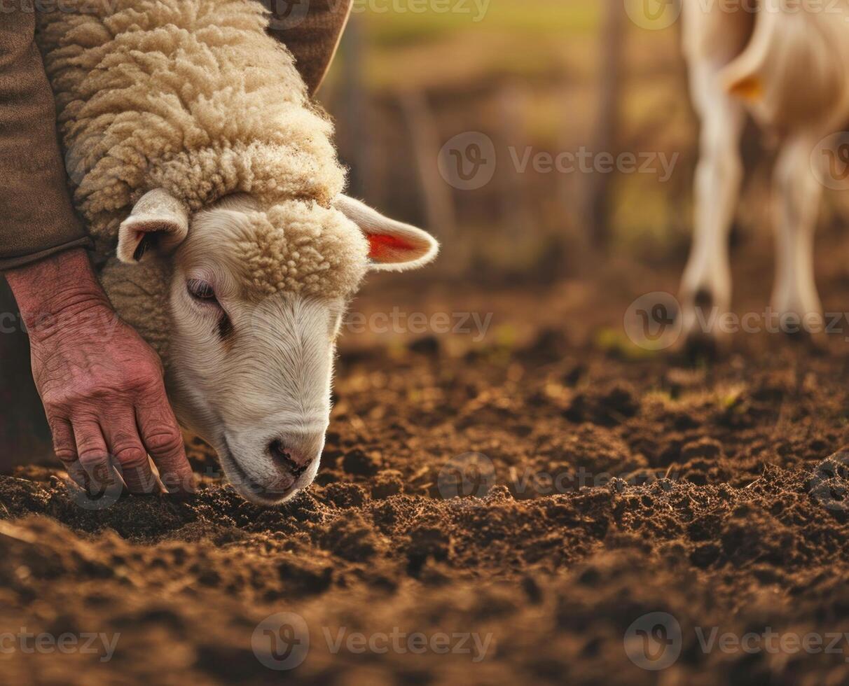 AI generated Gentle farm moment with sheep. Copy space. AI generated. photo