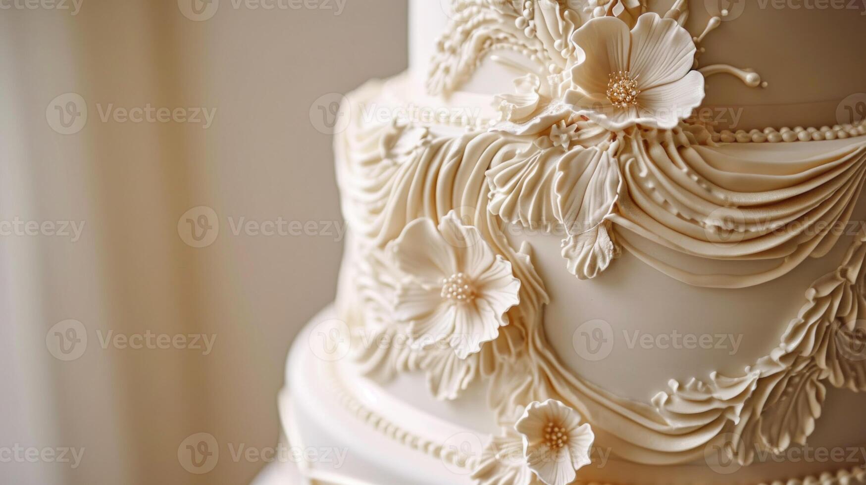 AI generated Detailed white wedding cake. Copy space. AI generated. photo