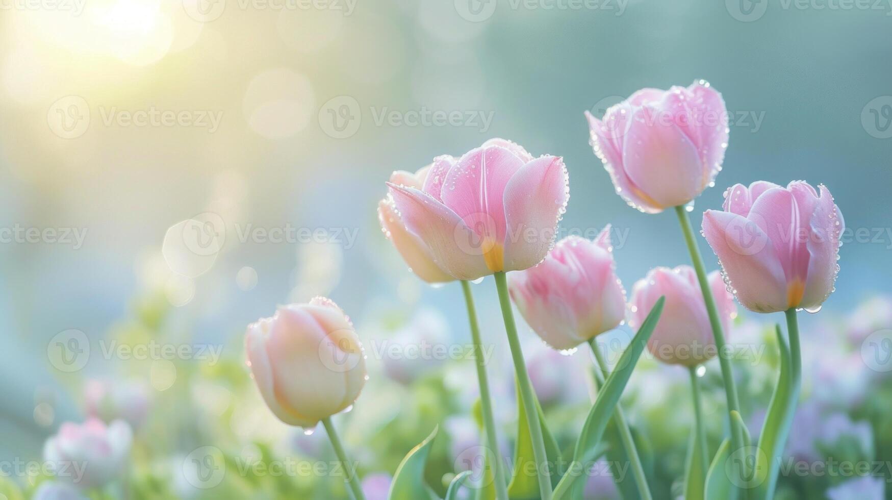 AI generated Dew kissed tulips at dawn. Copy space. AI generated. photo