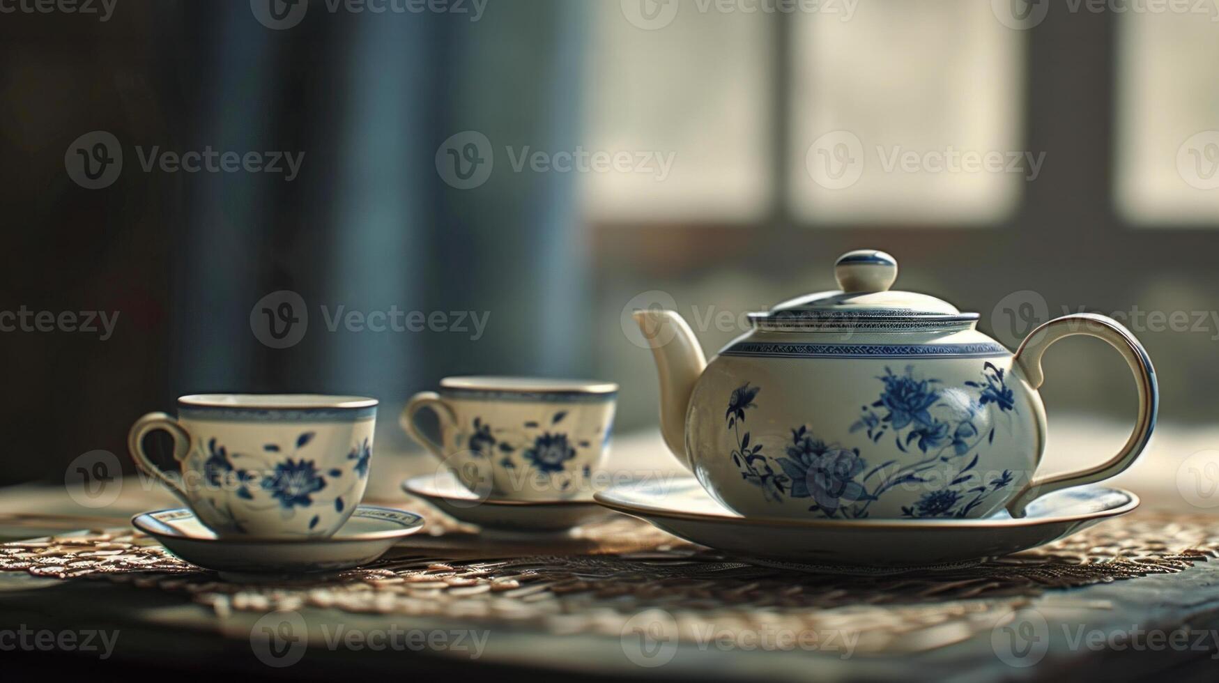 AI generated Still life of vintage teacup and teapot set. Copy space. AI generated. photo