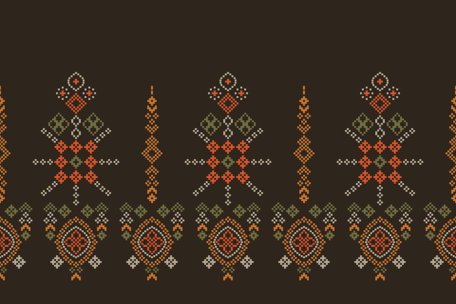 Traditional ethnic motifs ikat geometric fabric pattern cross stitch.Ikat embroidery Ethnic oriental Pixel brown background. Abstract,vector,illustration. Texture,scarf,decoration,wallpaper. vector