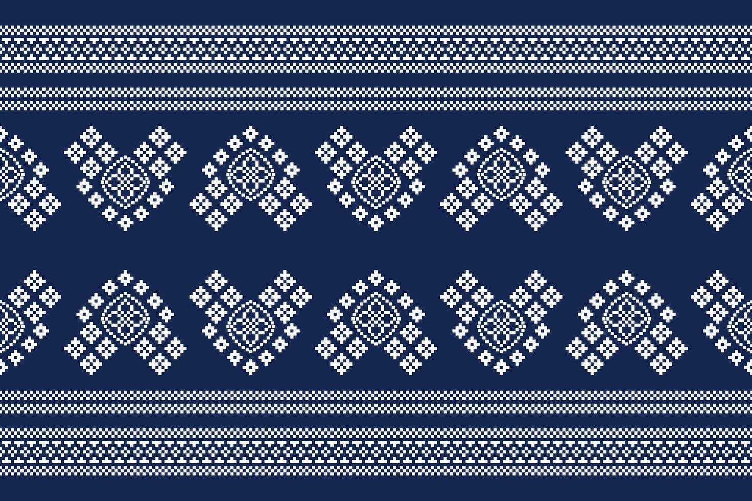 Traditional ethnic motifs ikat geometric fabric pattern cross stitch.Ikat embroidery Ethnic oriental Pixel navy blue background. Abstract,vector,illustration. Texture,scarf,decoration,wallpaper. vector