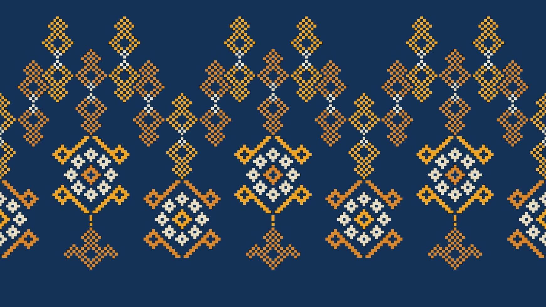 Traditional ethnic motifs ikat geometric fabric pattern cross stitch.Ikat embroidery Ethnic oriental Pixel navy blue background. Abstract,vector,illustration. Texture,scarf,decoration,wallpaper. vector