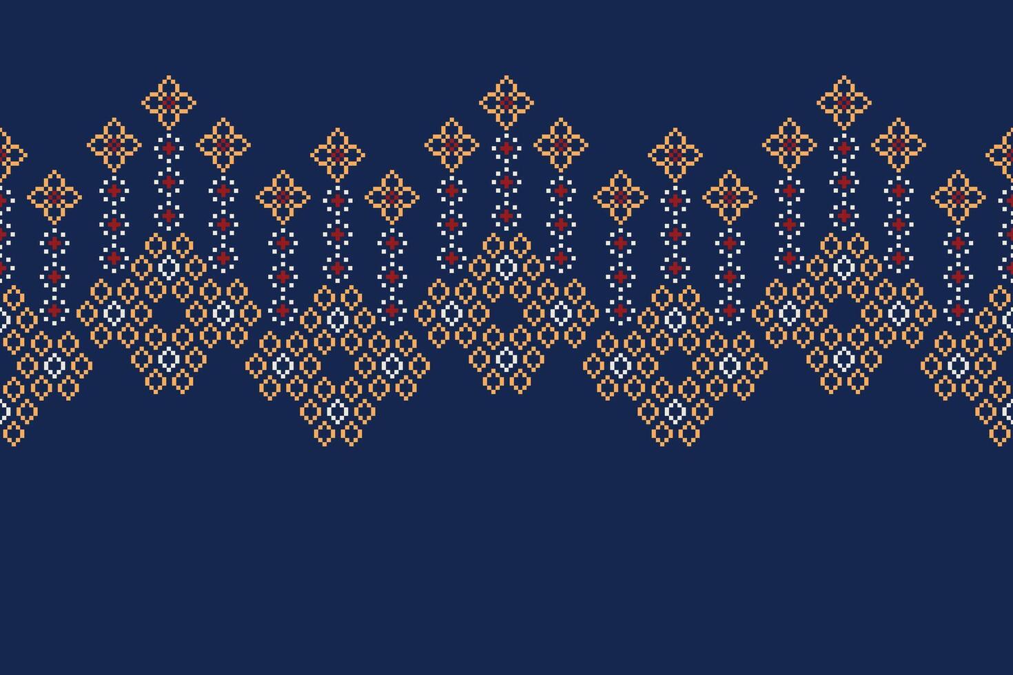 Traditional ethnic motifs ikat geometric fabric pattern cross stitch.Ikat embroidery Ethnic oriental Pixel navy blue background. Abstract,vector,illustration. Texture,scarf,decoration,wallpaper. vector