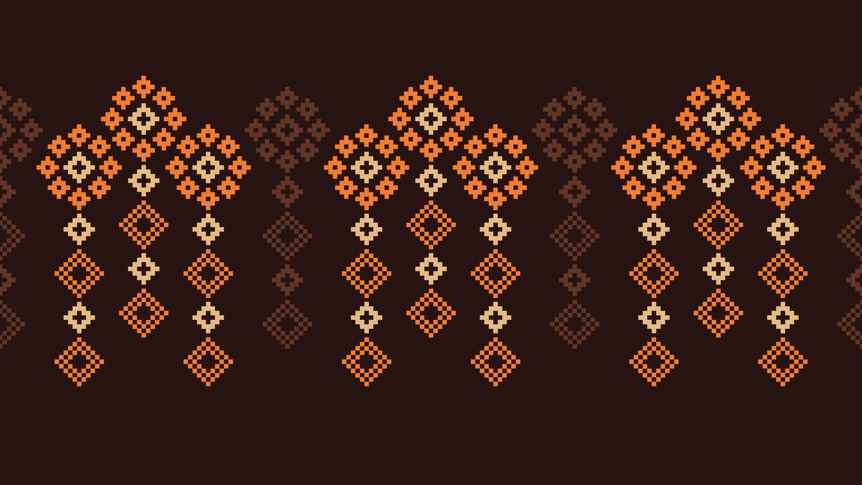 Traditional ethnic motifs ikat geometric fabric pattern cross stitch.Ikat embroidery Ethnic oriental Pixel brown background. Abstract,vector,illustration. Texture,scarf,decoration,wallpaper. vector
