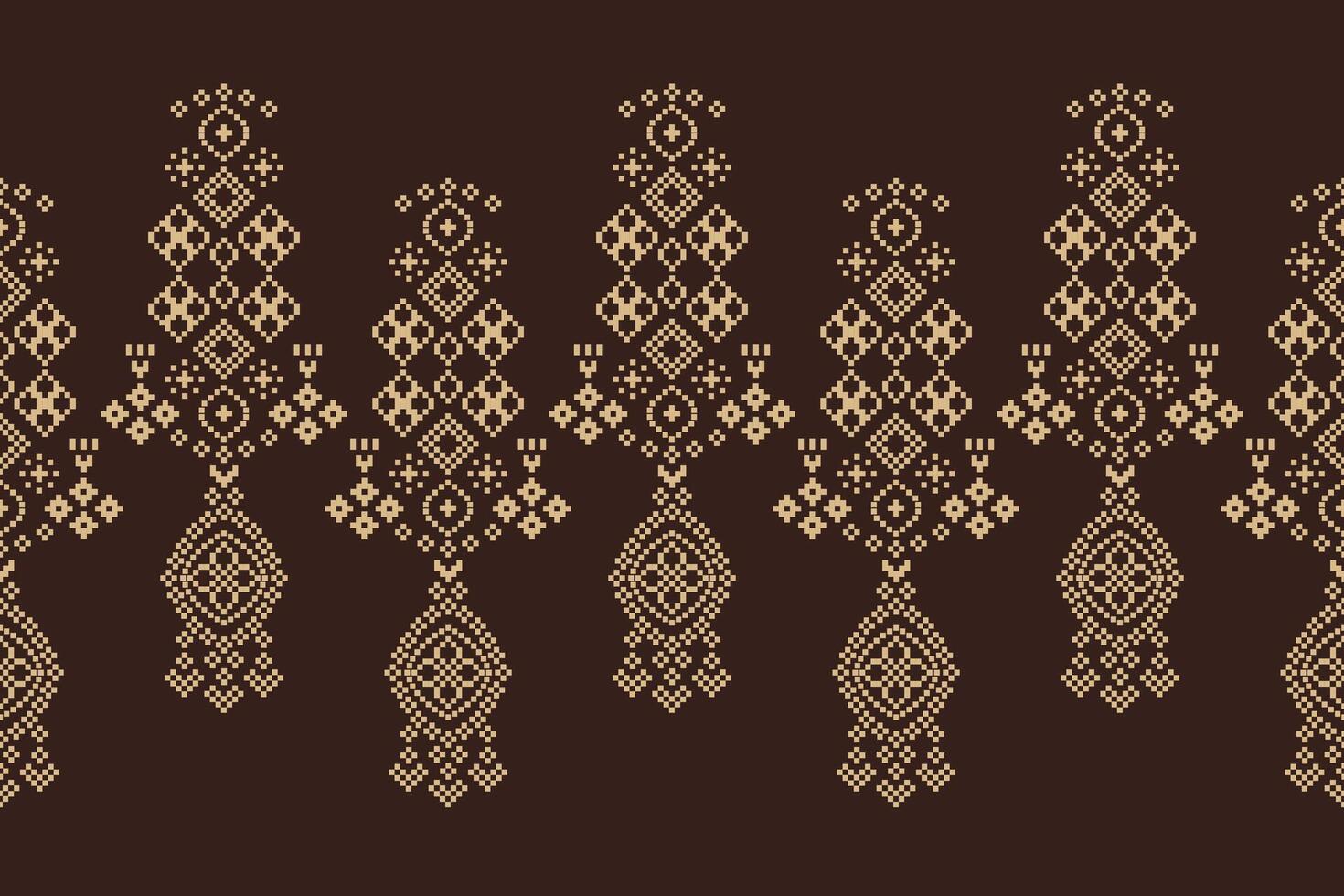 Traditional ethnic motifs ikat geometric fabric pattern cross stitch.Ikat embroidery Ethnic oriental Pixel brown background. Abstract,vector,illustration. Texture,scarf,decoration,wallpaper. vector