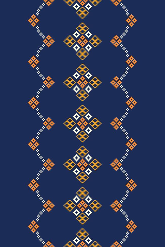 Traditional ethnic motifs ikat geometric fabric pattern cross stitch.Ikat embroidery Ethnic oriental Pixel navy blue background. Abstract,vector,illustration. Texture,scarf,decoration,wallpaper. vector