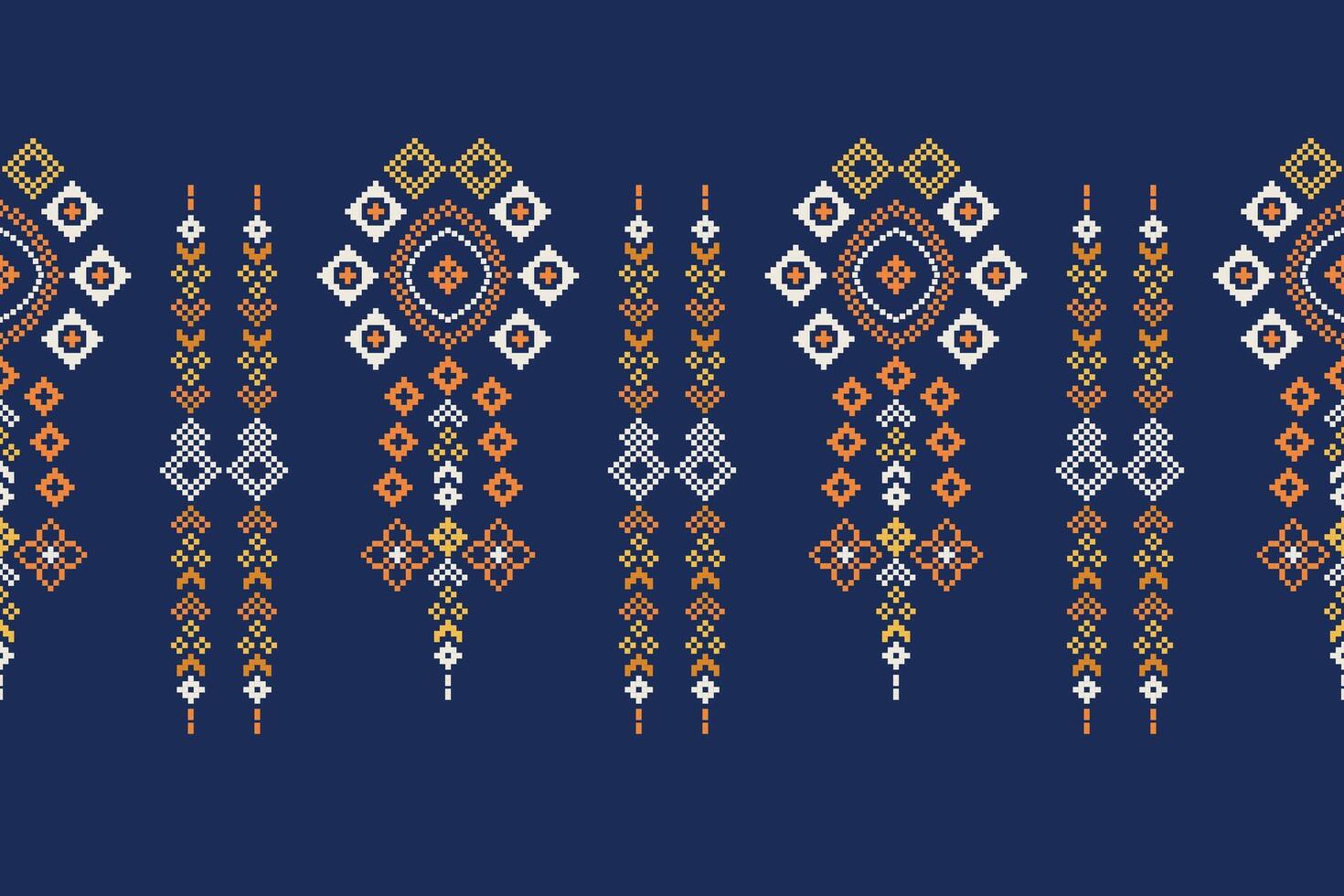 Traditional ethnic motifs ikat geometric fabric pattern cross stitch.Ikat embroidery Ethnic oriental Pixel navy blue background. Abstract,vector,illustration. Texture,scarf,decoration,wallpaper. vector