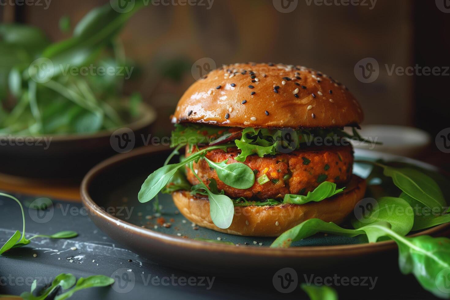 AI generated Vegan burger with chickpea patty with vegetables and herbs in a beautiful plate. Realistic food photo, close-up. Ai generated photo