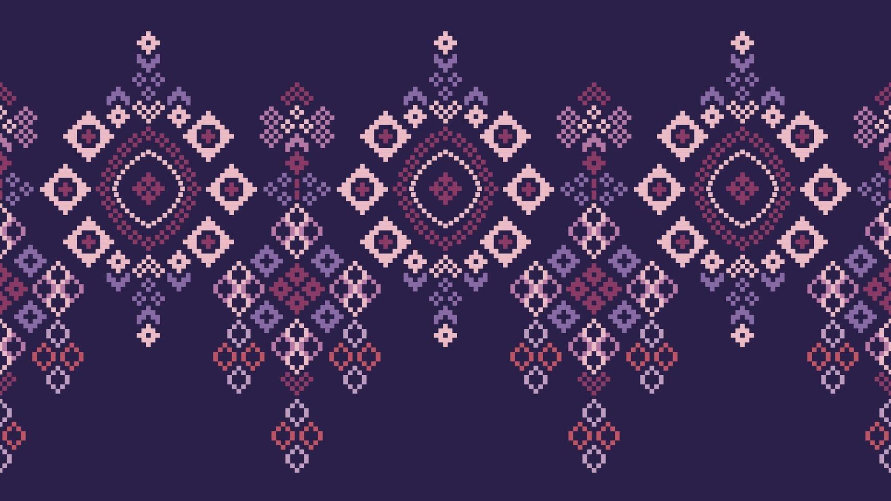 Traditional ethnic motifs ikat geometric fabric pattern cross stitch.Ikat embroidery Ethnic oriental Pixel violet purple background. Abstract,vector,illustration. Texture,scarf,decoration,wallpaper. vector