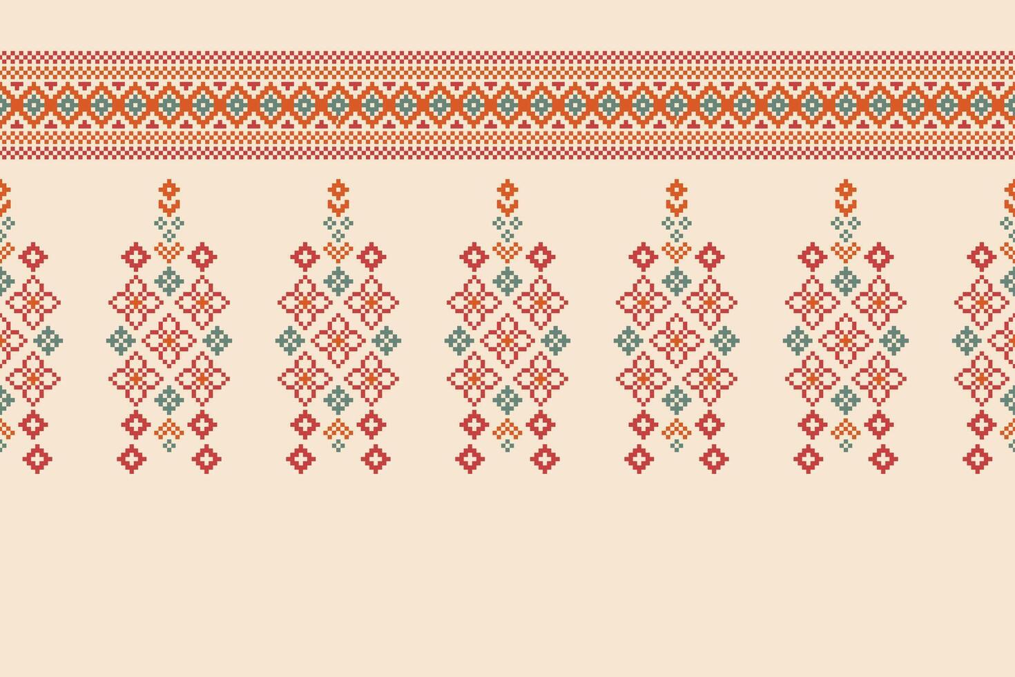 Traditional ethnic motifs ikat geometric fabric pattern cross stitch.Ikat embroidery Ethnic oriental Pixel brown cream background. Abstract,vector,illustration. Texture,scarf,decoration,wallpaper. vector