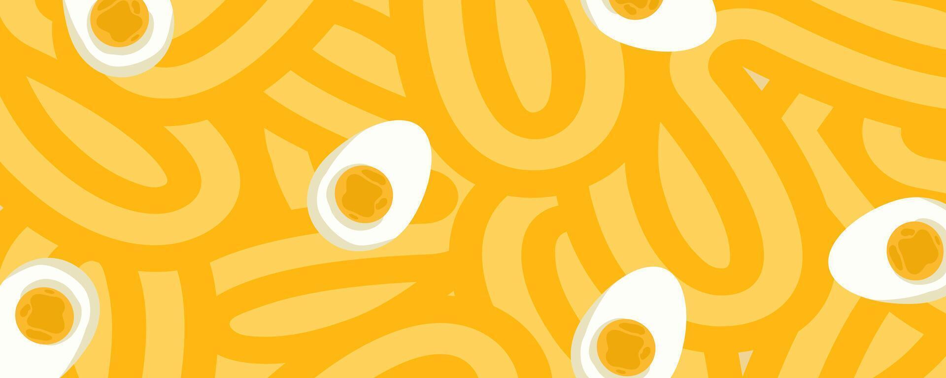 fideos ramen modelo con huevo antecedentes. pasta comida textura espaguetis geométrico. resumen ramen ornamento. plano vector ilustración. ola textura antecedentes