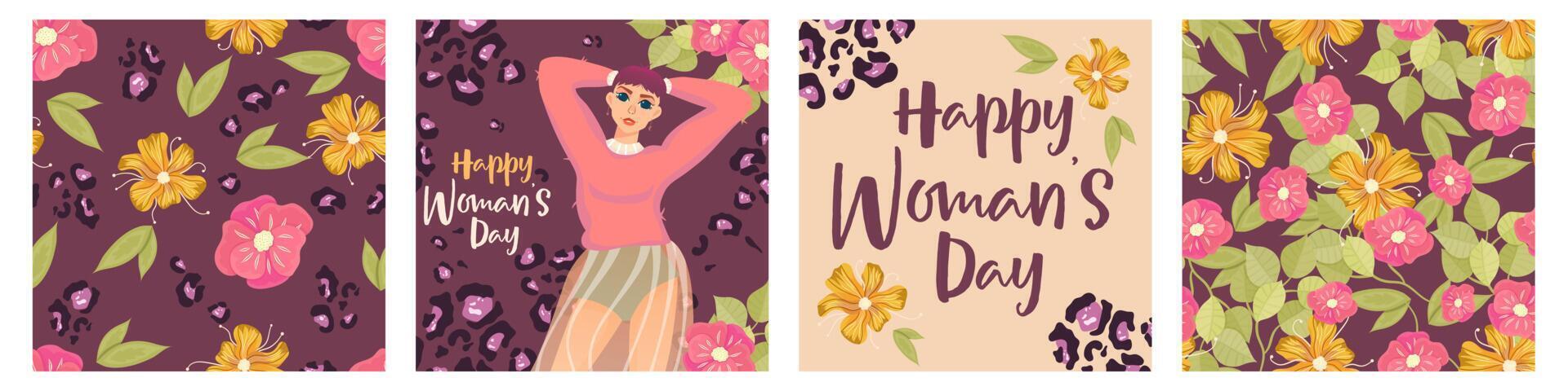 Womans day postcard templates with flower and leopard. Girl on greeting card with flower. Flat vector illustration. Seamless pattern flower. International Women's Day.
