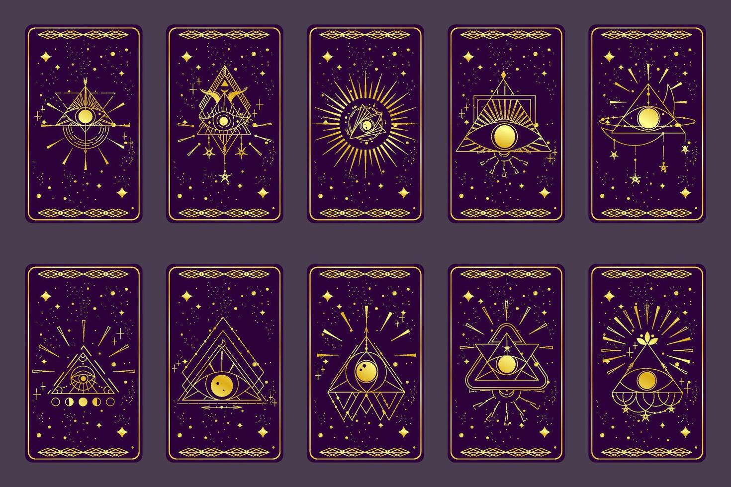 Tarot card gold set with mystic eye pyramid isolated. Boho esoteric tarot card with eye and star. Vector illustration. Sacred geometry celestial triangle