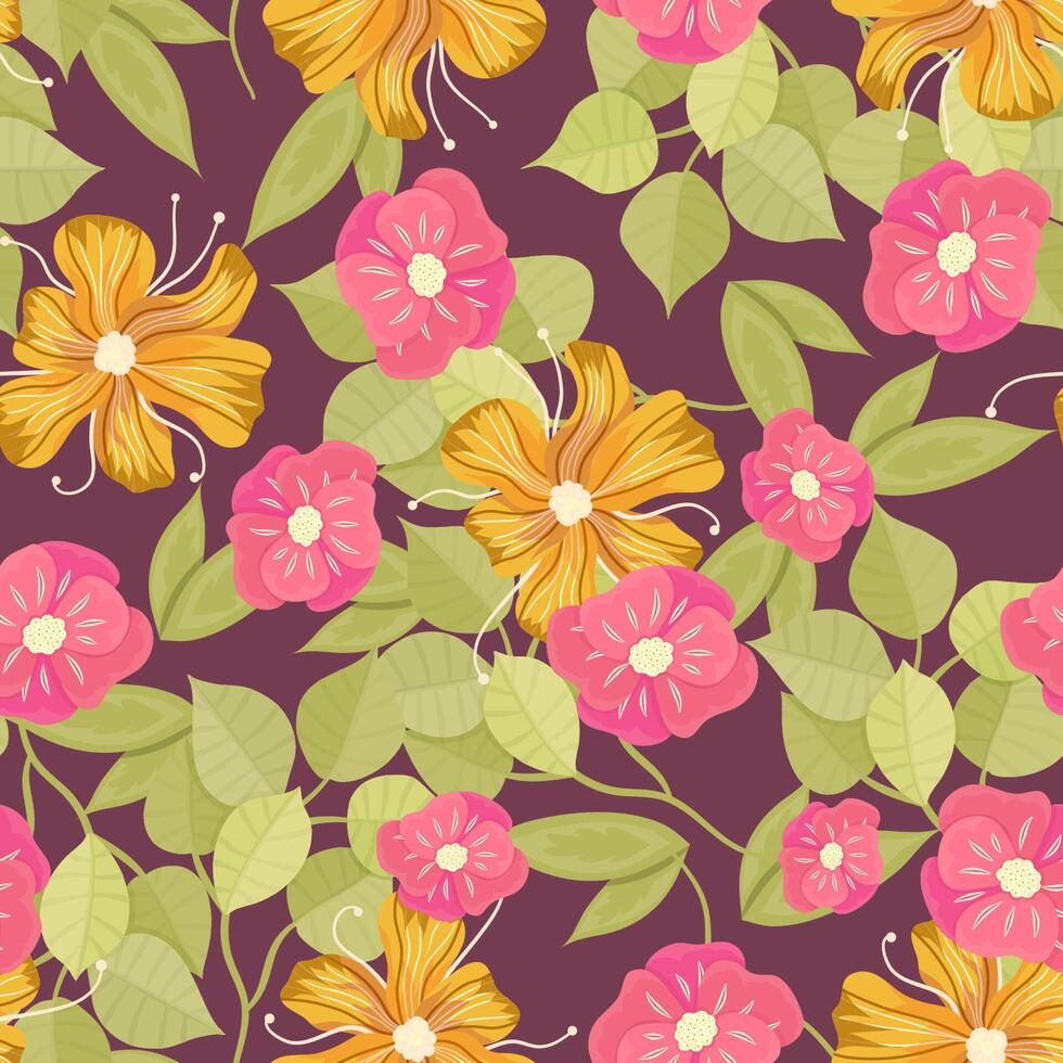 Flower spring seamless pattern. Pink and yellow flower seamless pattern. Vector illustration