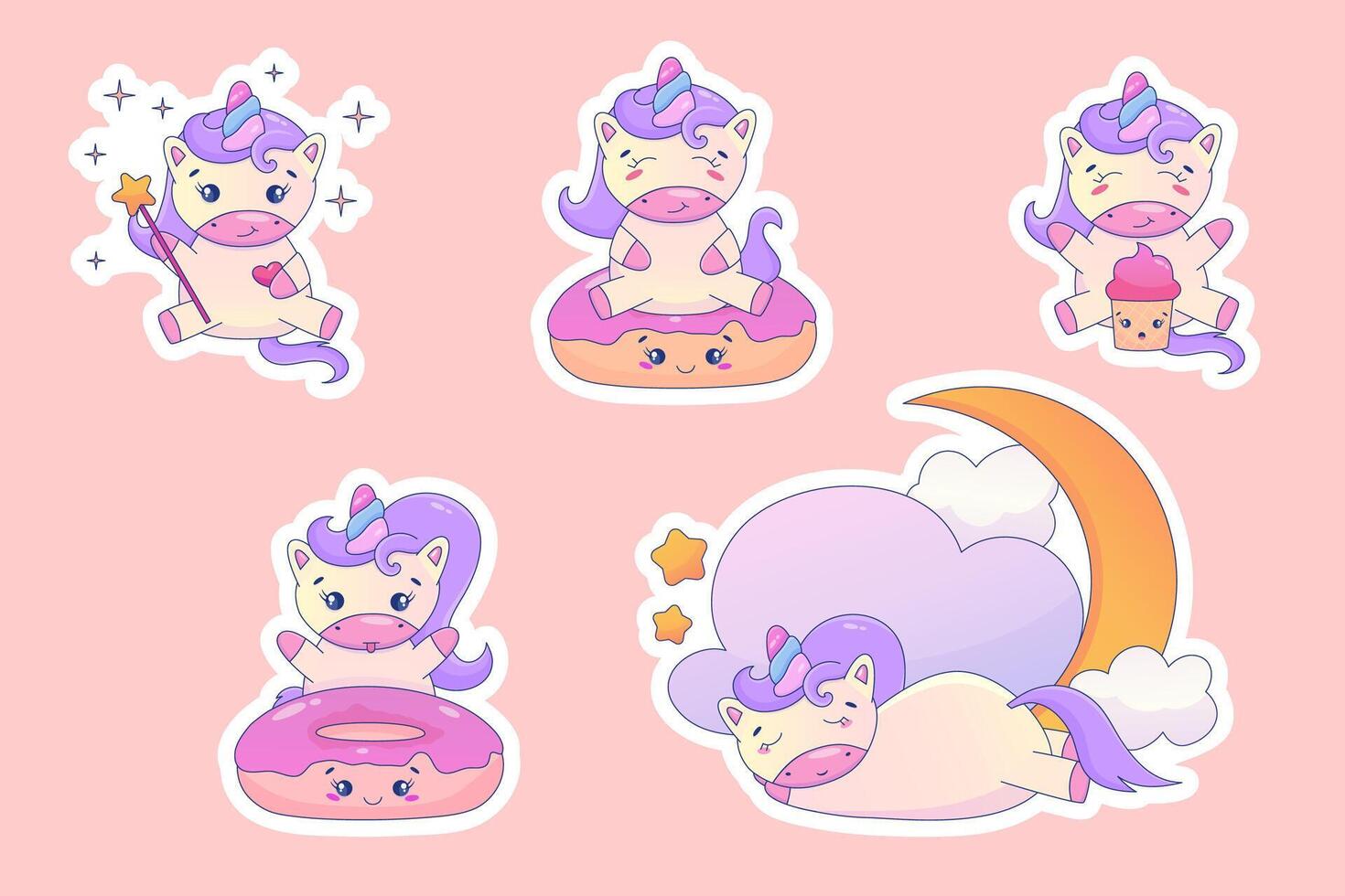 Cute Cartoon Unicorn Kawaii set. Unicorn with donut, cloud kawaii animal sticker. Magic cute pony. Cartoon vector illustration