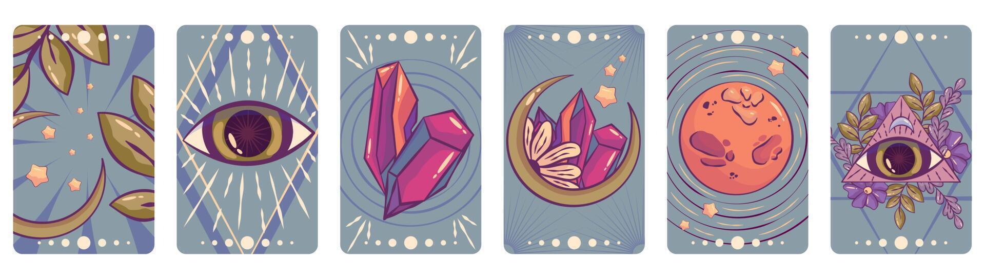 Esoteric tarot card set magic celestial design. Mystic moon, eye , crystal cartoon vector illustration. Hand drawn vector illustration. Esoteric boho tarot card set