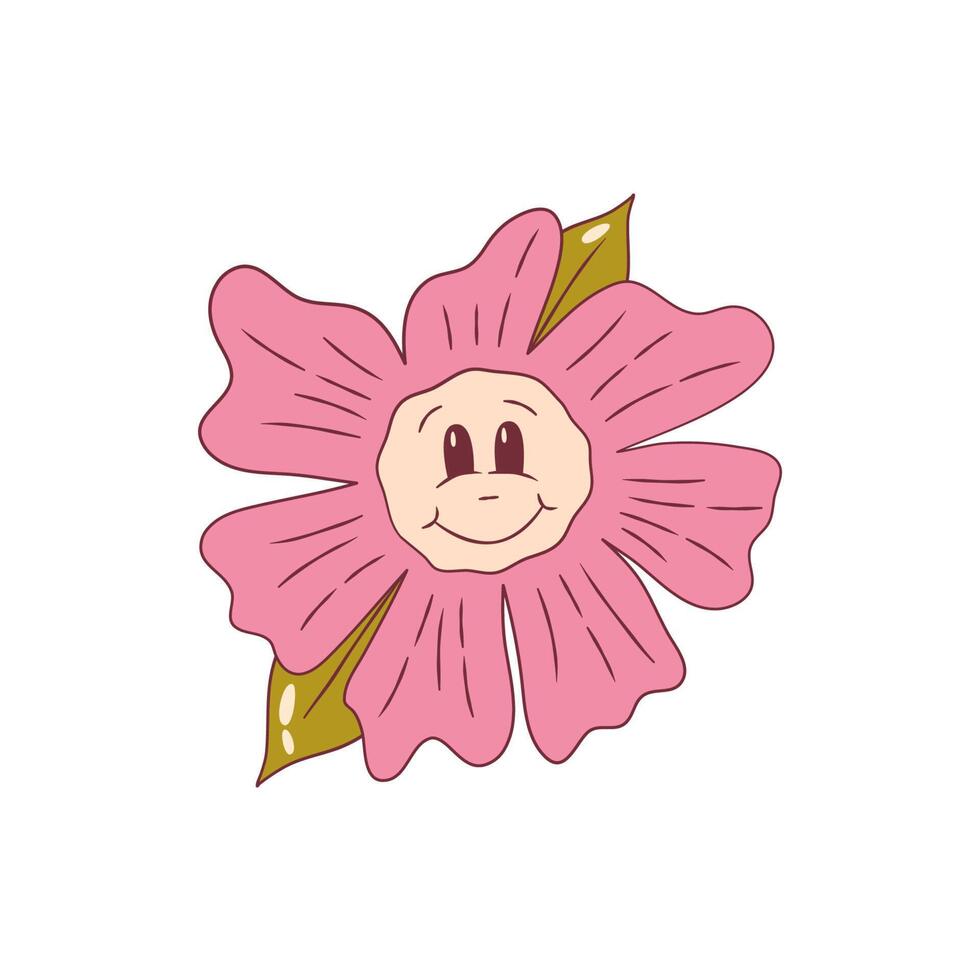 Psychedelic groovy flower with face isolated. Cute cartoon daisy flower with eye groovy retro style. Vector illustration