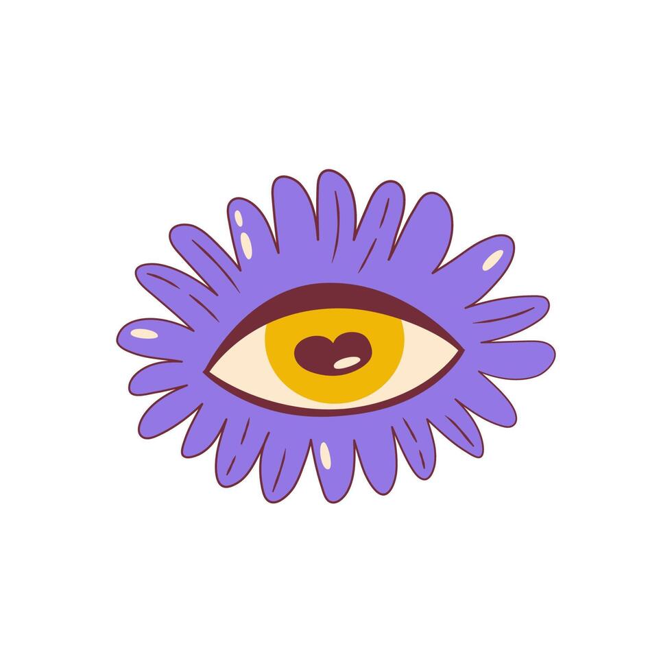 Psychedelic groovy flower with eye isolated. Cute cartoon daisy flower with eye groovy retro style. Vector illustration