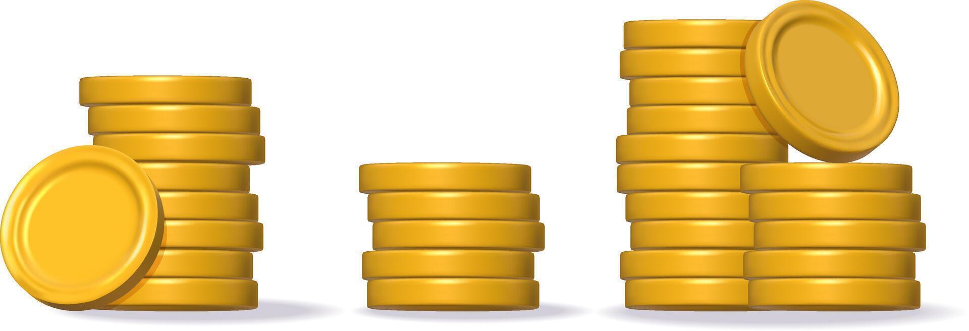 Gold Coin stack set 3d render. Game Money pile on white background. Rotating empty coin for game reward and prize. Vector 3d illustration.