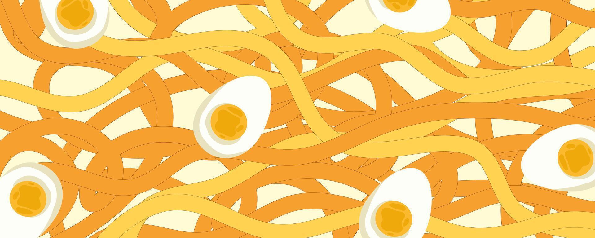 Noodle Ramen Pattern with egg background. Pasta food texture spaghetti geometric. Abstract ramen ornament. Flat vector illustration. Wave texture background