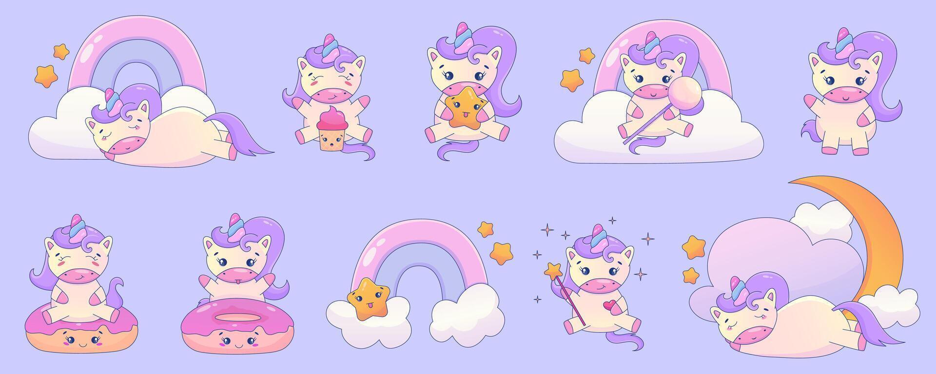 linda dibujos animados unicornio kawaii colocar. unicornio con rosquilla, arco iris kawaii animal pegatina. magia linda poni. dibujos animados vector ilustración