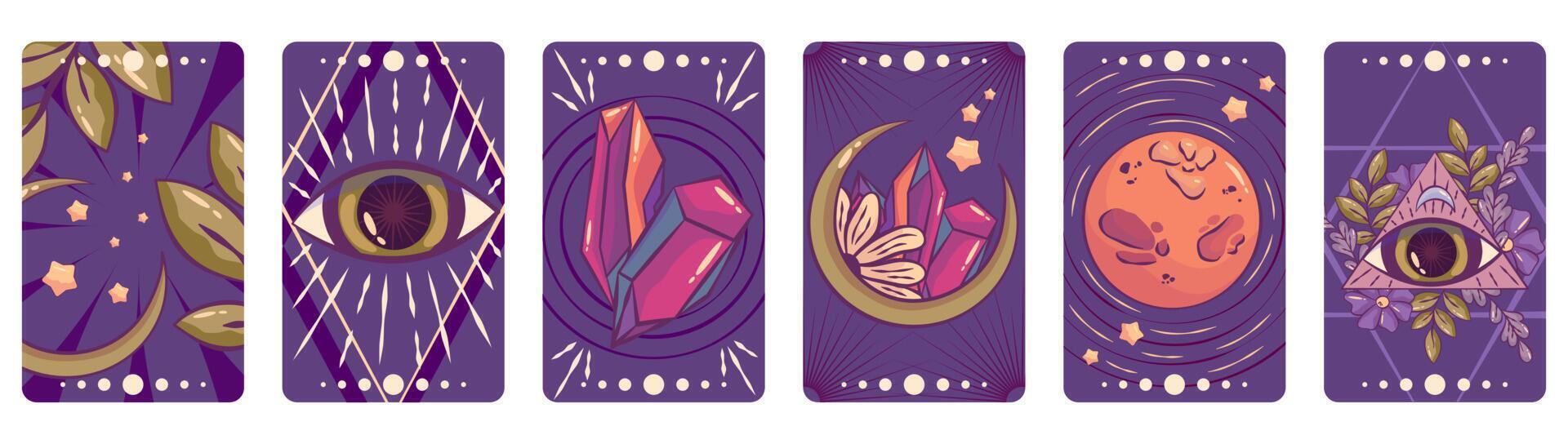 esotérico tarot tarjeta conjunto magia celestial diseño. místico luna, ojo , cristal dibujos animados vector ilustración. mano dibujado vector ilustración. esotérico boho tarot tarjeta conjunto