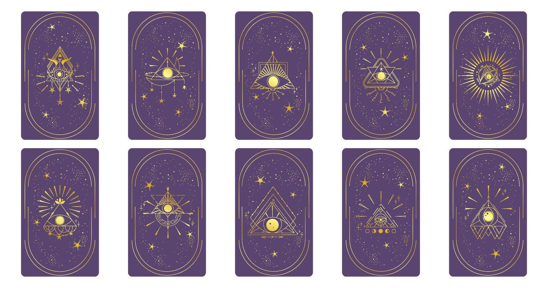 Tarot card gold set with mystic eye pyramid in frame isolated. Boho esoteric tarot card with eye and star. Vector illustration. Sacred geometry celestial triangle