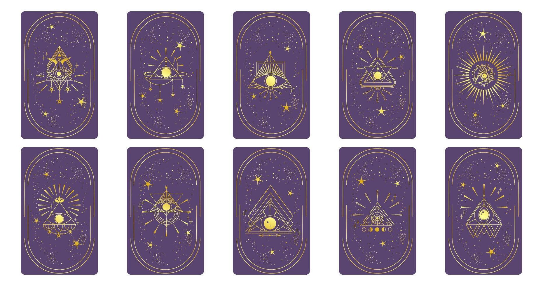 tarot tarjeta oro conjunto con místico ojo pirámide en marco aislado. boho esotérico tarot tarjeta con ojo y estrella. vector ilustración. sagrado geometría celestial triángulo