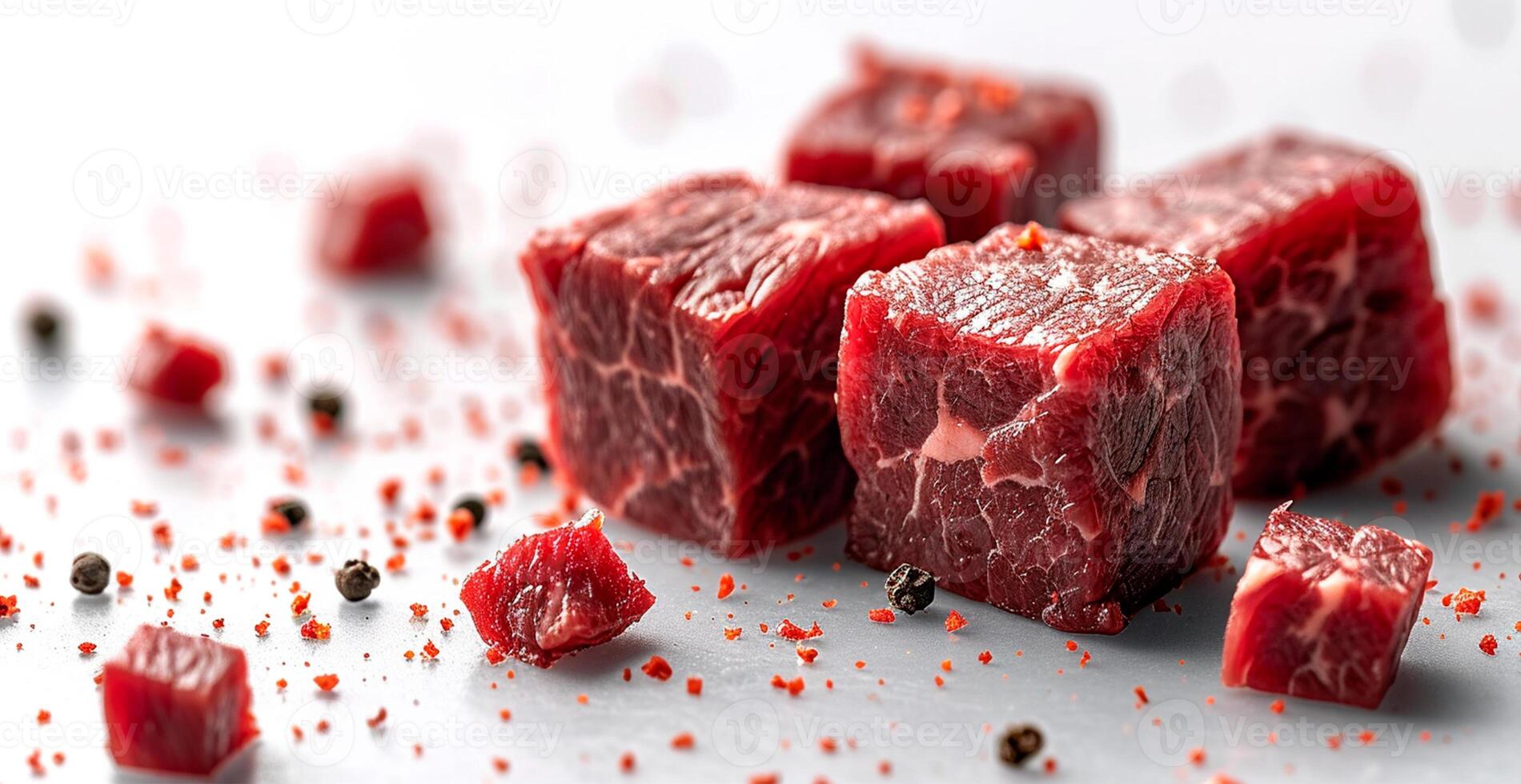 AI generated Pieces of raw beef. Set of fresh beef cubes isolated on white background - AI generated image photo