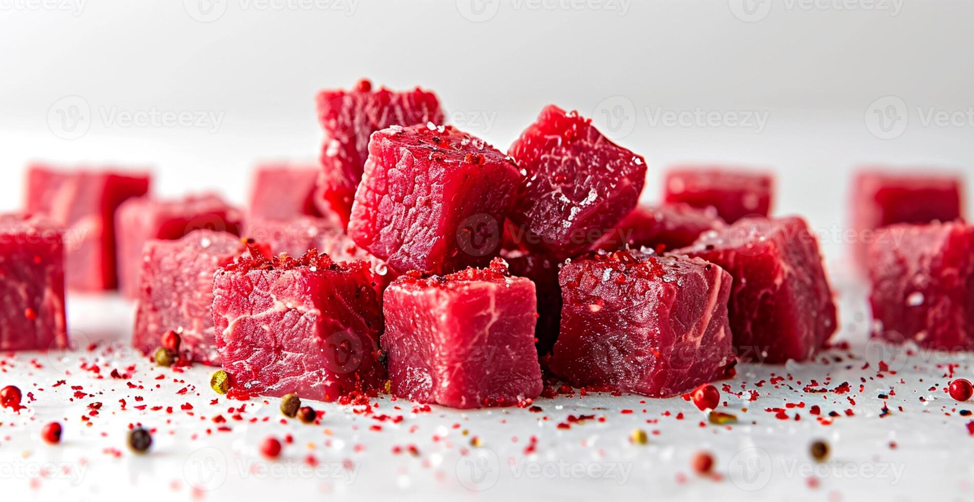 AI generated Pieces of raw beef. Set of fresh beef cubes isolated on white background - AI generated image photo