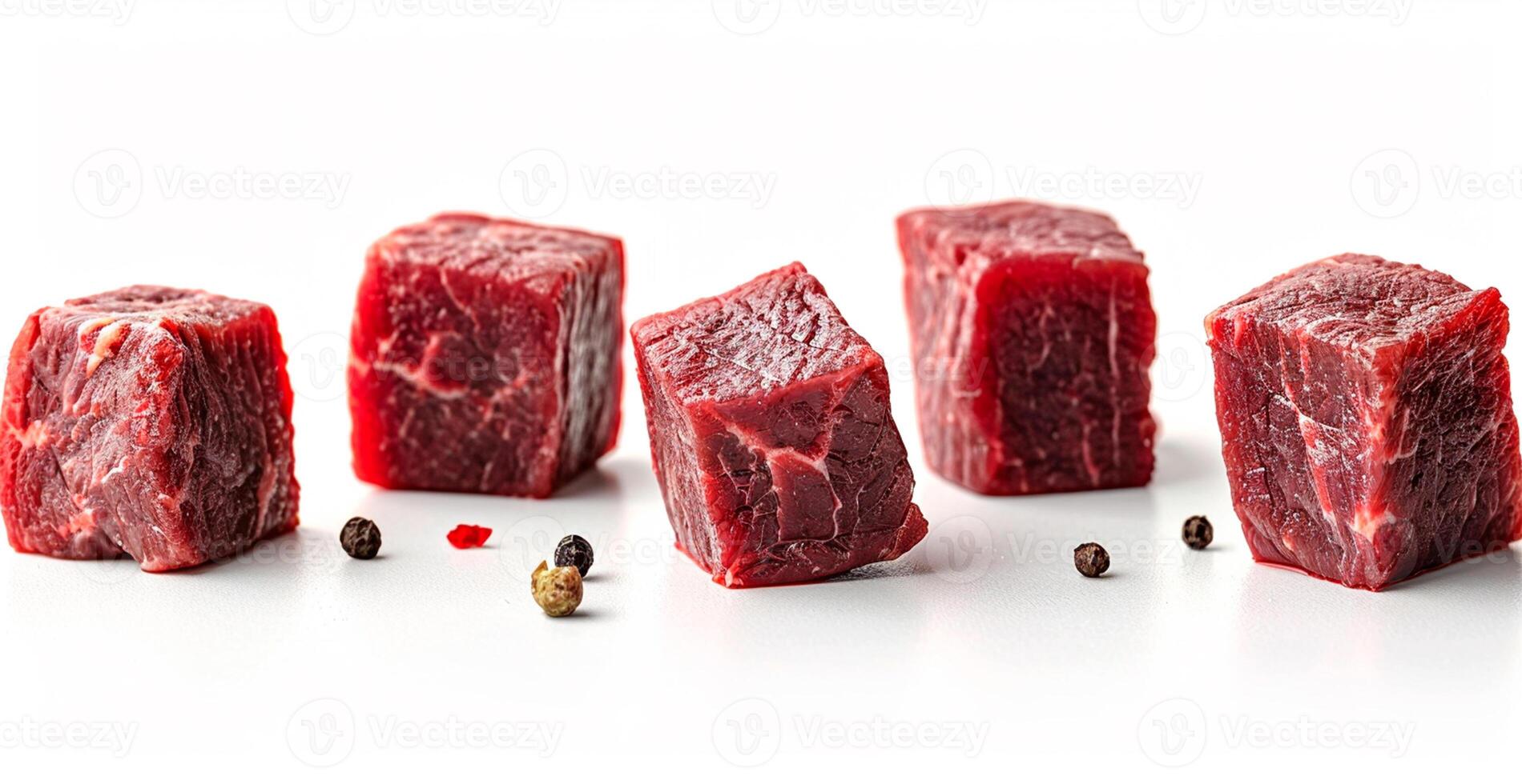 AI generated Pieces of raw beef. Set of fresh beef cubes isolated on white background - AI generated image photo