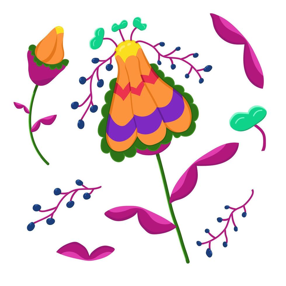 Color illustration of fantastic colors. Set of fabulous alien plants on a white background. vector