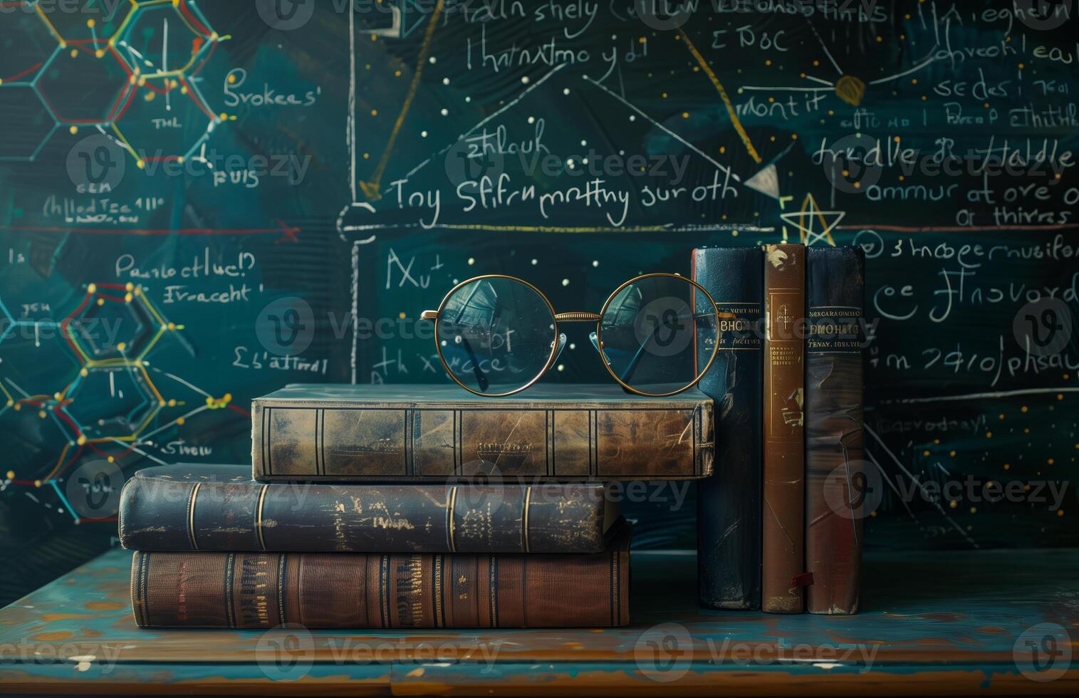 AI generated The glasses with school books in front of a blackboard. Created by artificial intelligence. photo